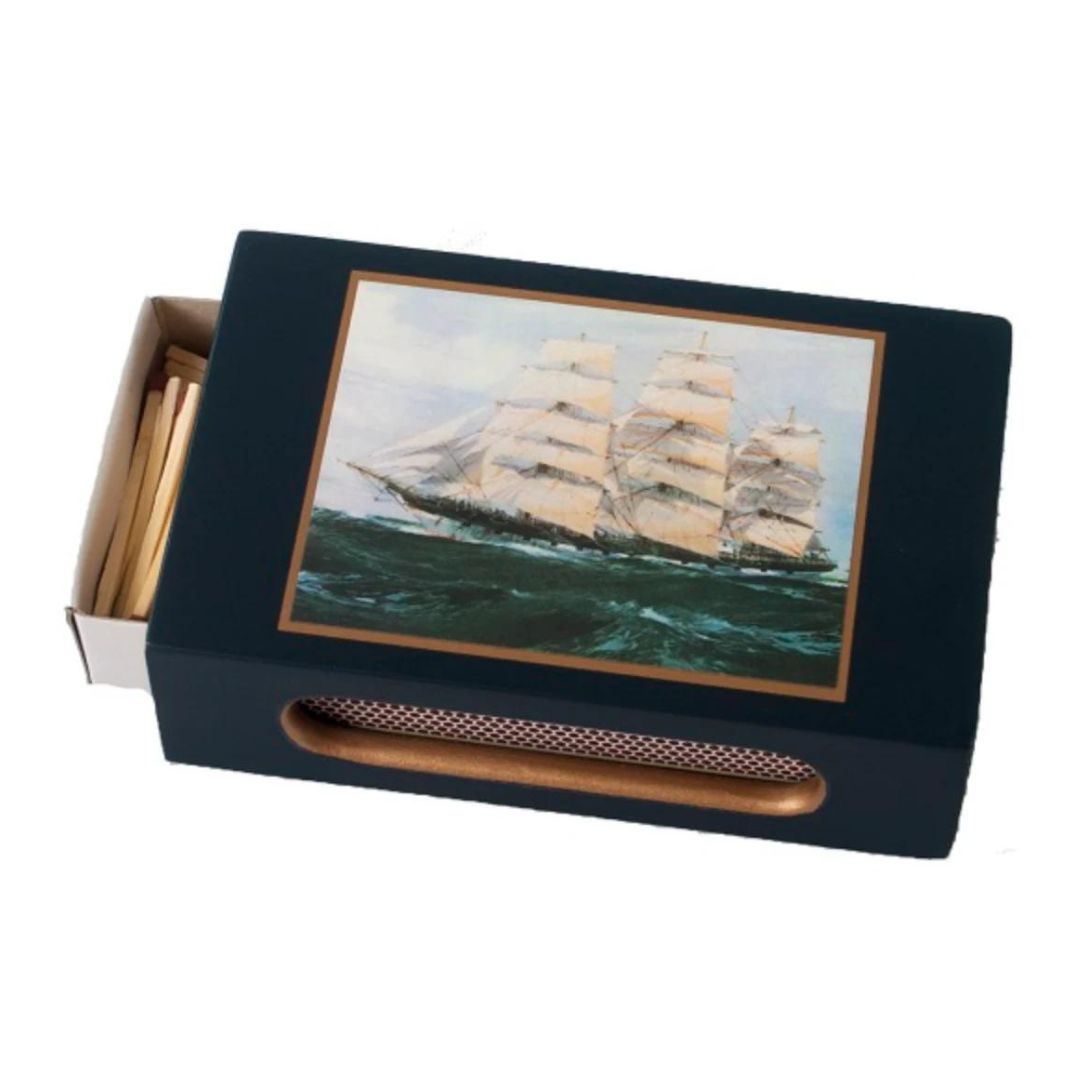 Standard Wooden Matchbox Cover with Matches: Clipper Ships on Dark Blue