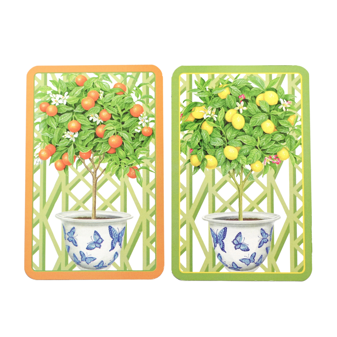 playing cards with orange and lemon tree motifs