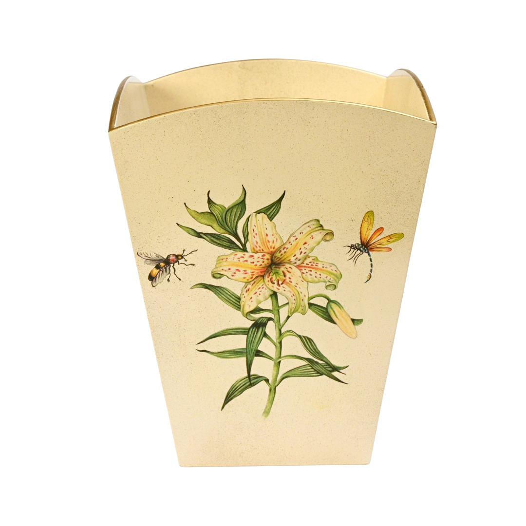 Square Wooden Waste Paper Bin: Japanese Lily