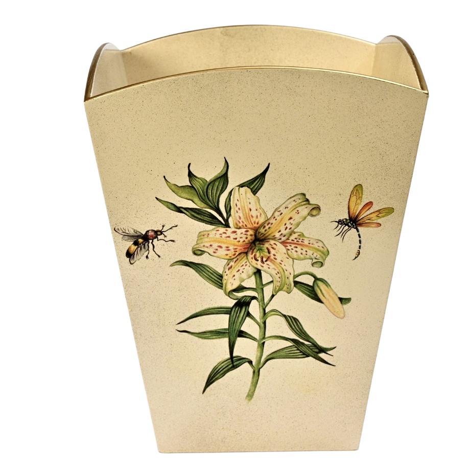 Square Wooden Waste Paper Bin: Japanese Lily