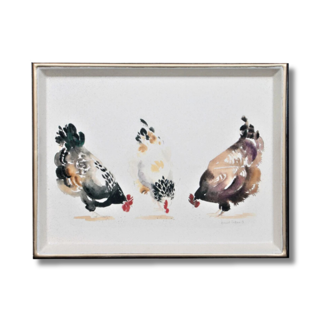 tray with three chickens design and gold rim