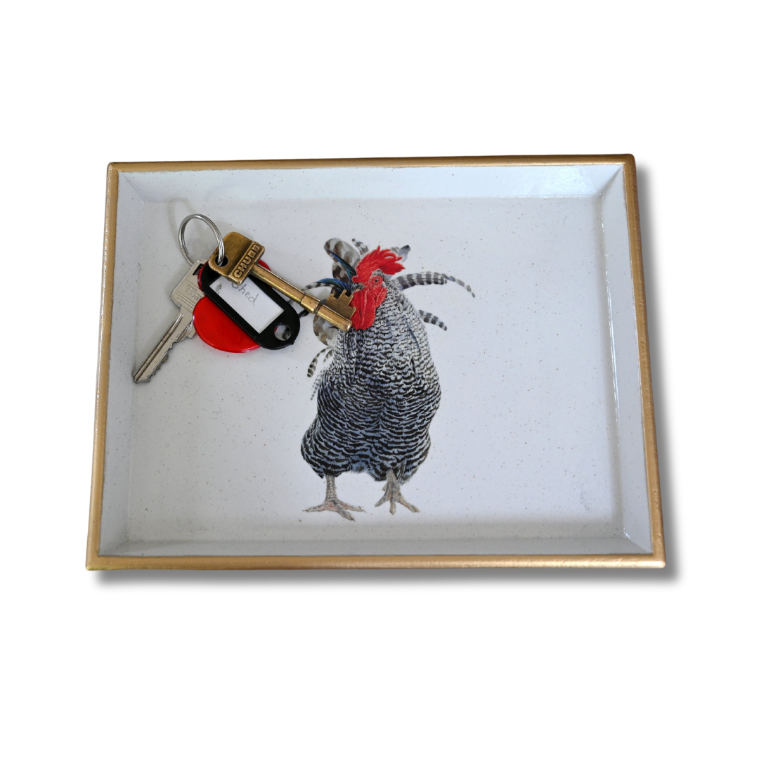 tray with cockerel design holding keys