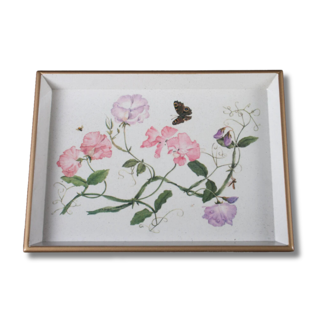decorative tray with sweet pea floral design and gold border rims