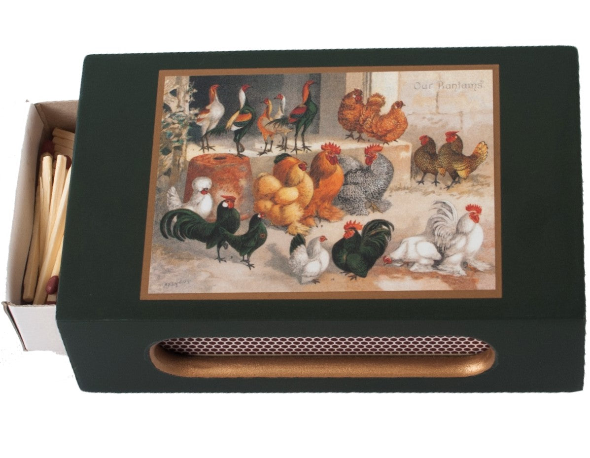 Standard Wooden Matchbox Cover with Matches: Chickens on Dark Green