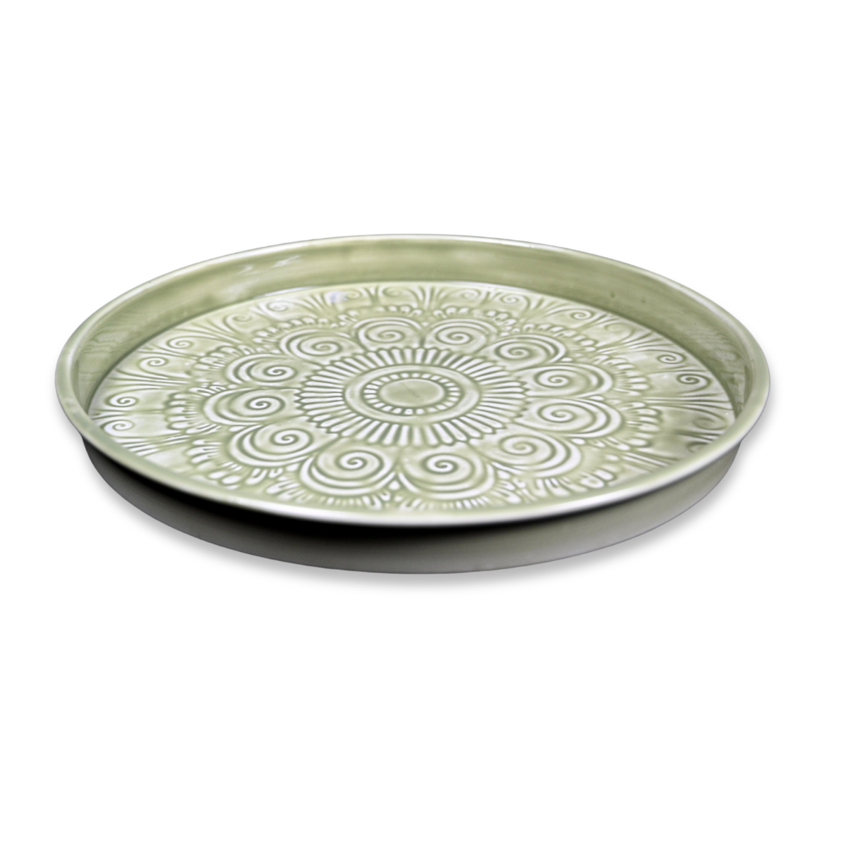 A round green enamel tray with a floral engraved pattern