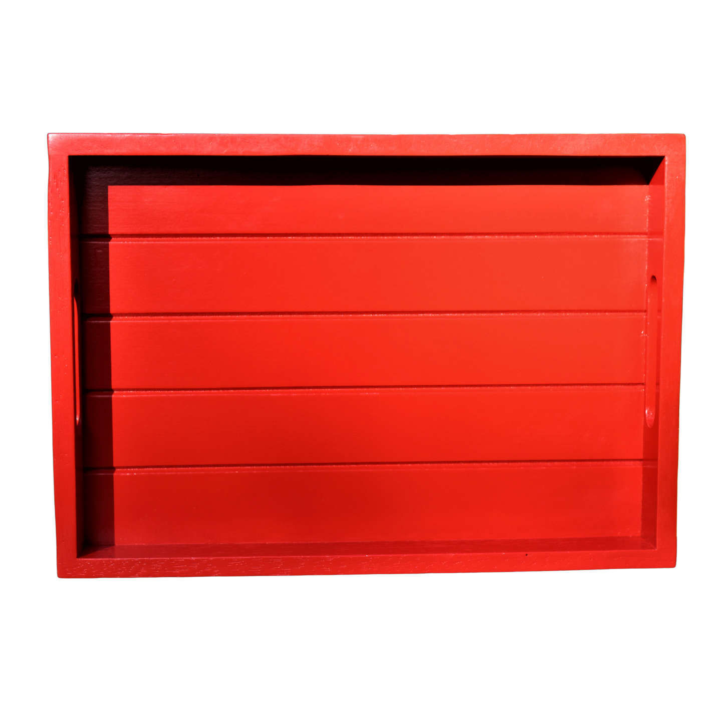 A rectangular red wooden tray with carrying handles.