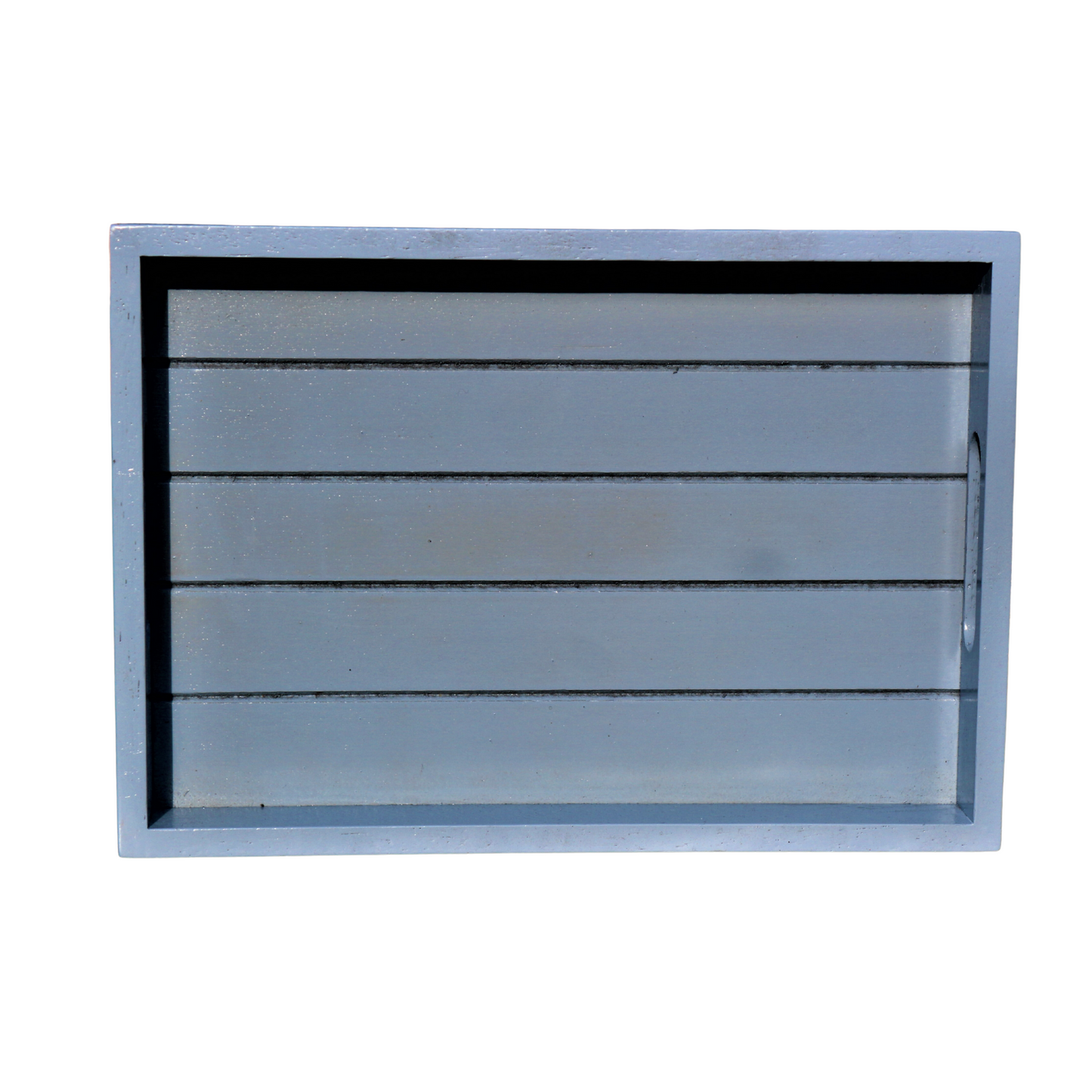 A pastel blue rectangular wooden tray with visible wood grain, equipped with carrying handles.