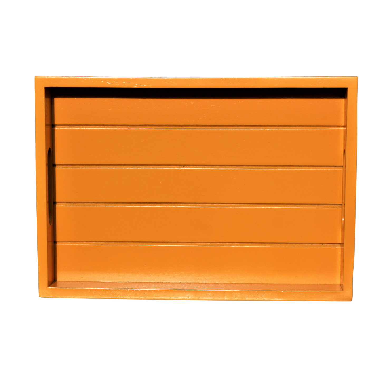 rectangular wooden tray painted in tangerine orange colour with handles