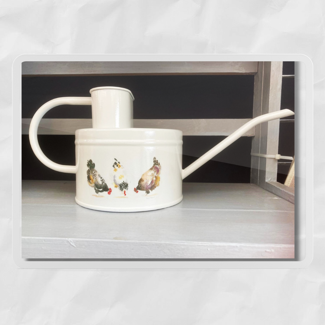 A white watering can with a hand-painted chicken design on it, placed against a dark background. An elegant handle and spout.