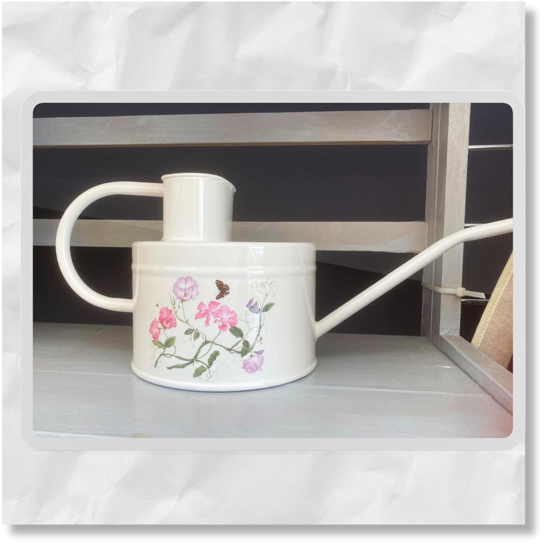 A white watering can with off white paint and a floral Sweet Pea design, including pink flowers and butterflies, painted on the side.