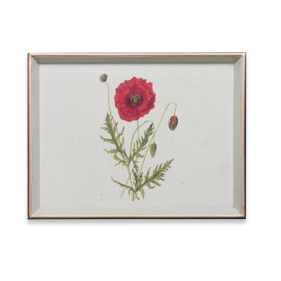 decorative tray with poppy design and gold rims