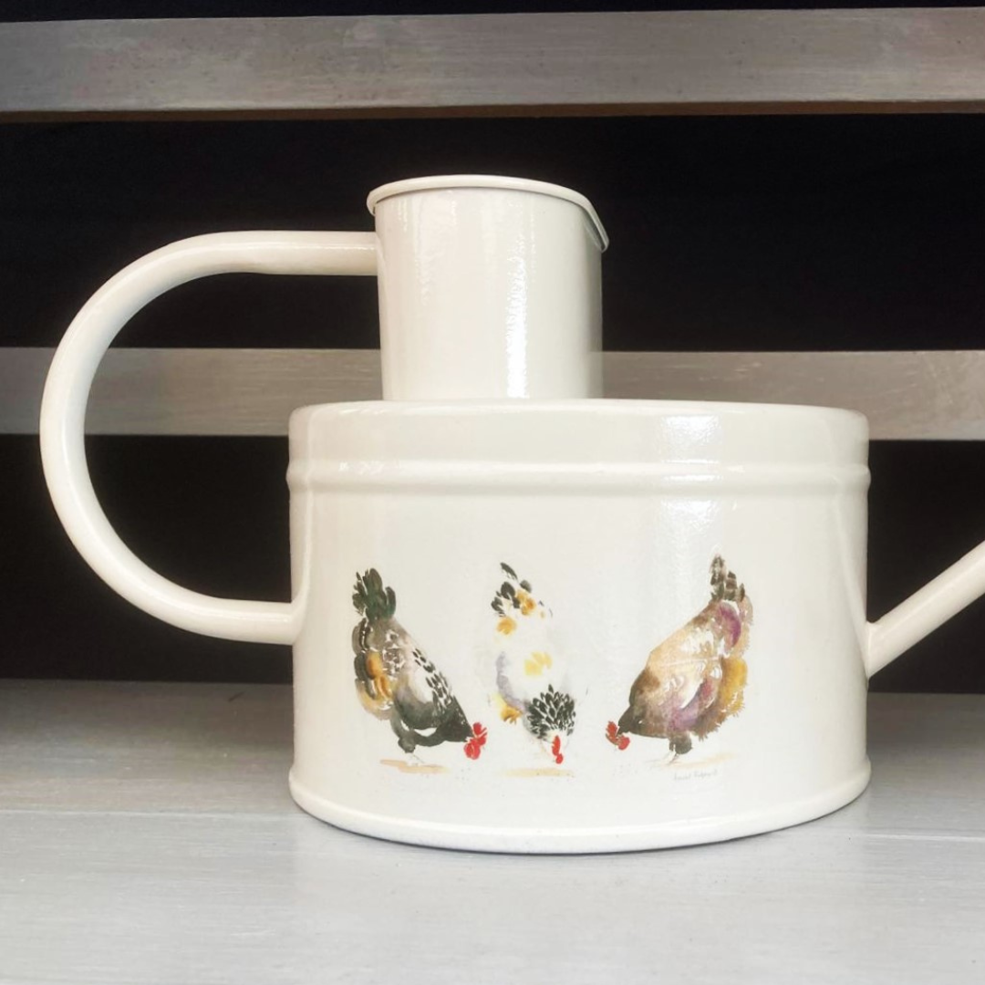 A white watering can with a hand-painted chicken design on it, placed against a dark background.