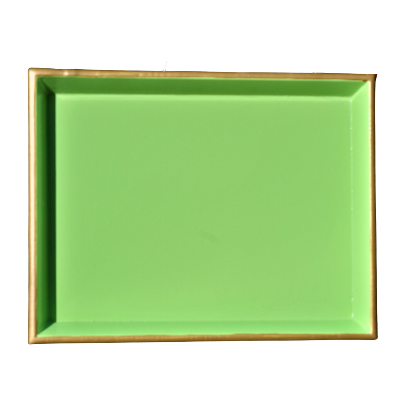 A lime green wooden lacquered tray with a baize base, suitable for various uses such as a makeup table or a vanity tray.