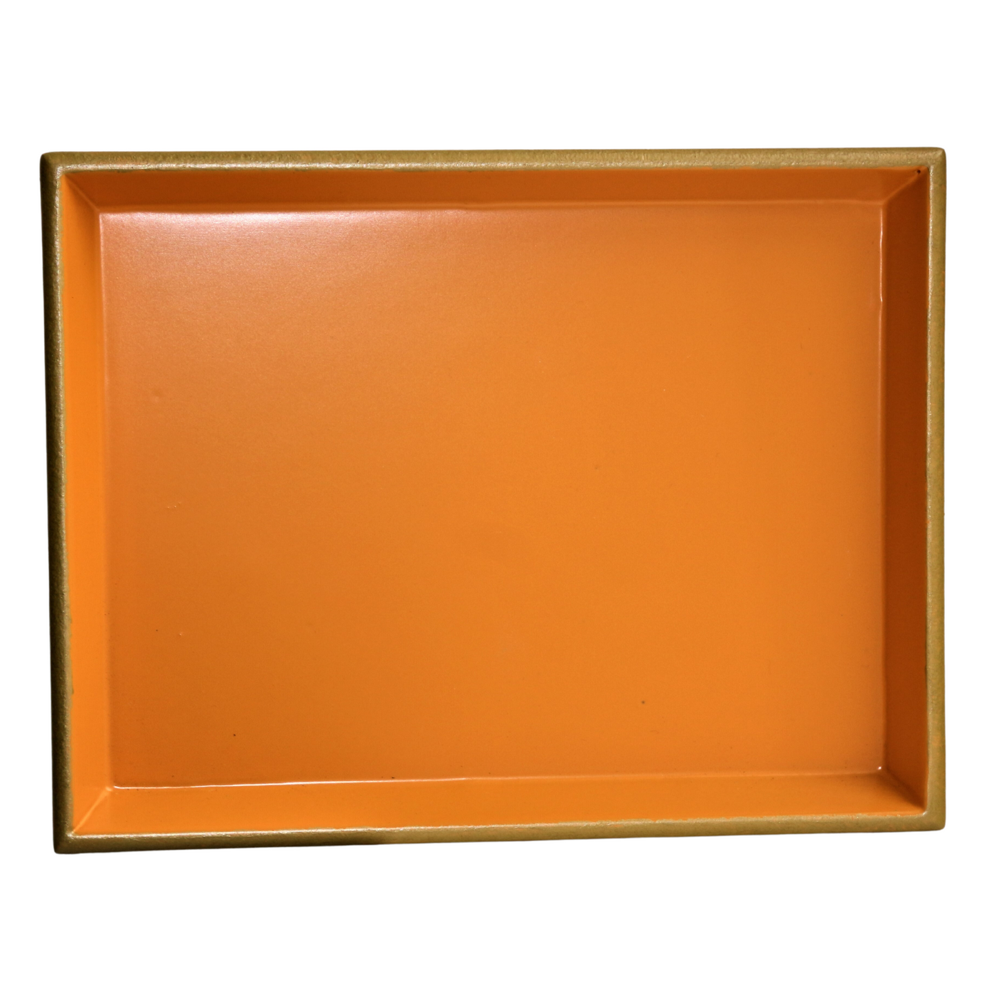 An orange lacquered wooden tray with a baize base, suitable for various uses.