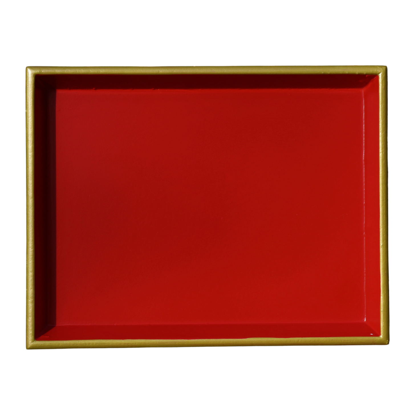 A rectangular red wooden lacquered tray with a gold baize base, suitable for various uses as indicated in the product description.