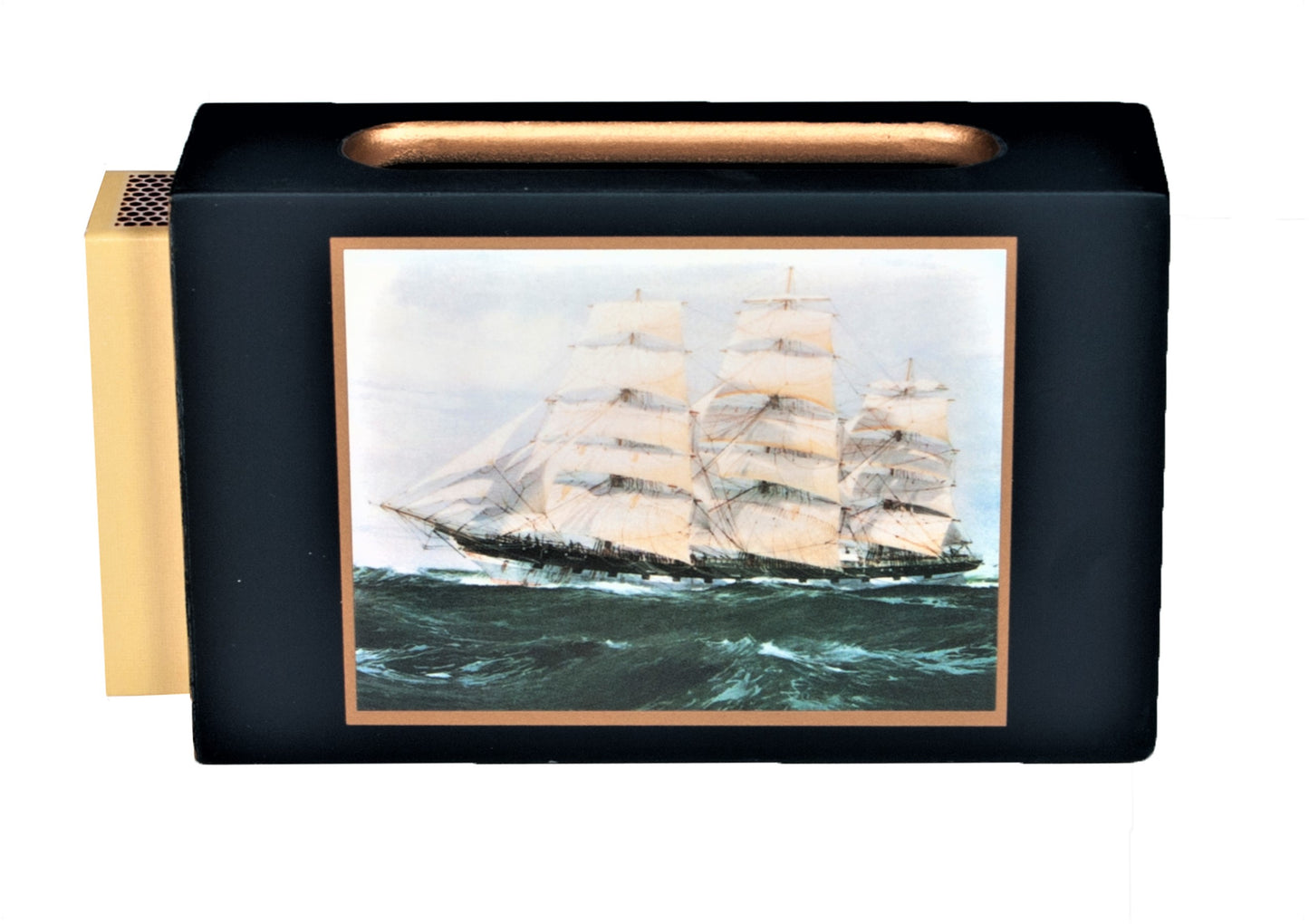 ships on dark blue matchbox cover with matches inside