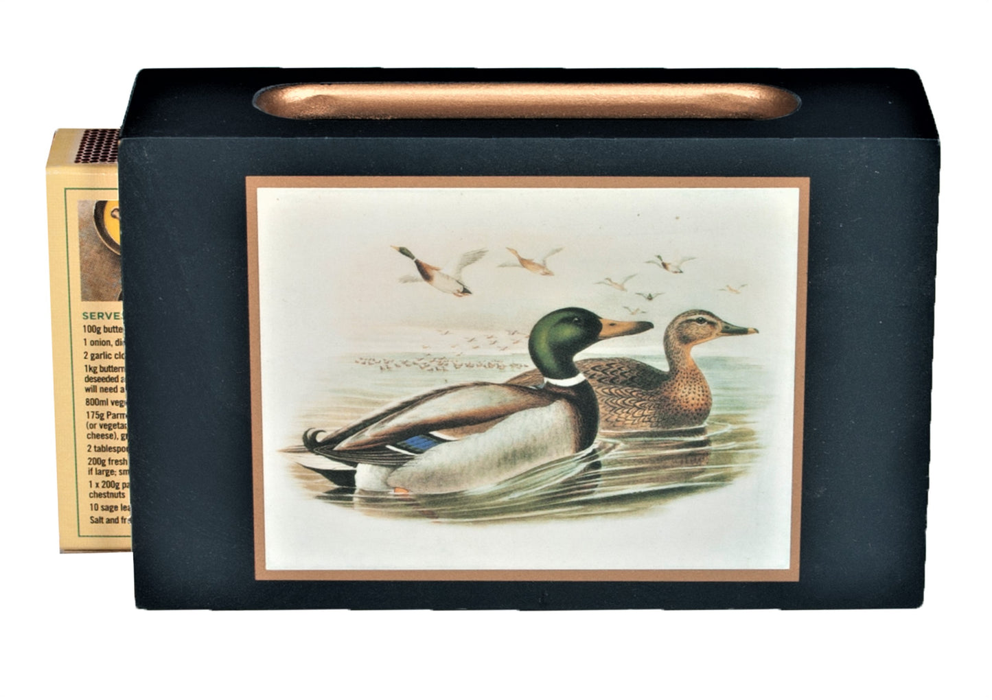 ducks on dark blue matchbox cover with matches inside