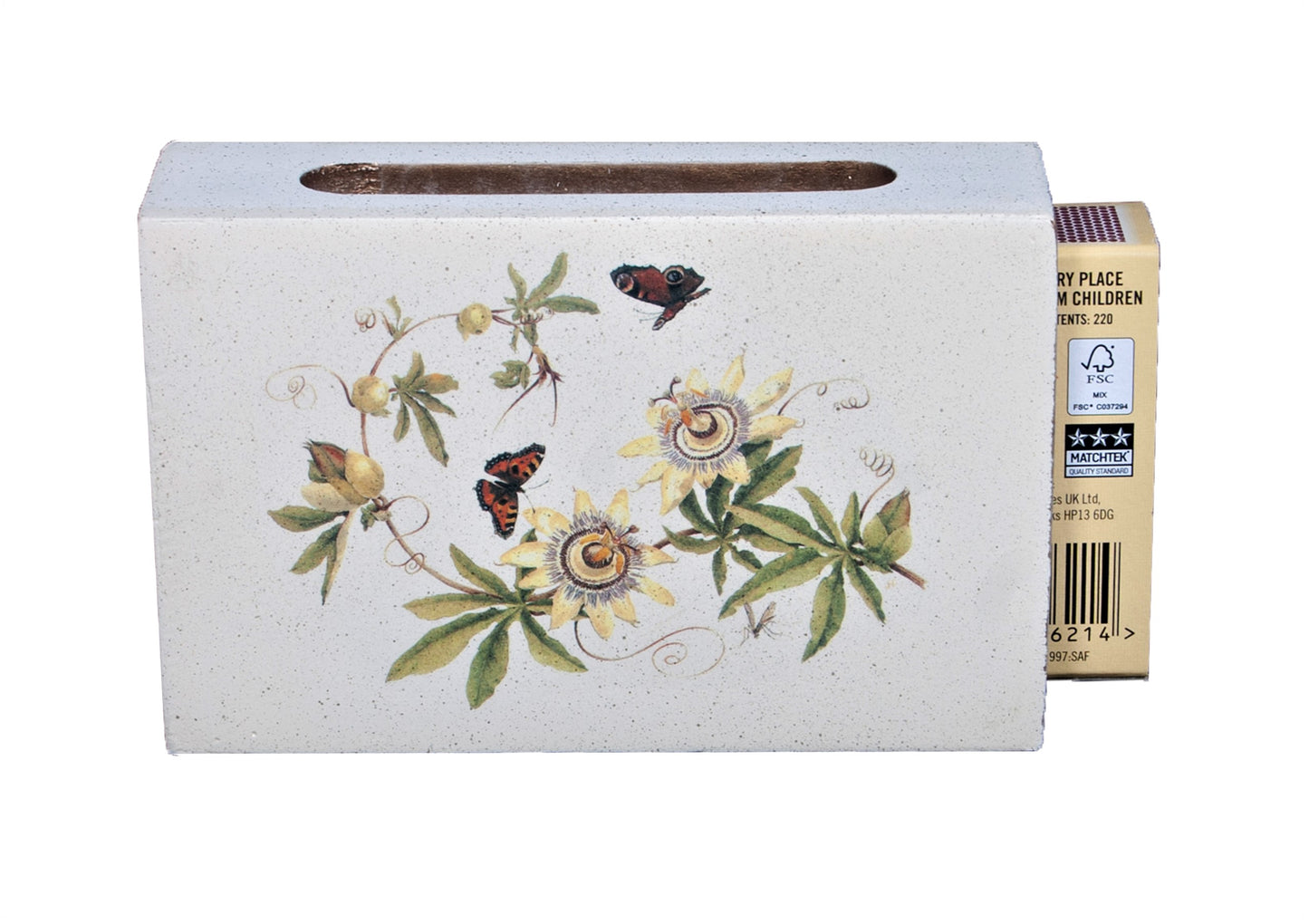 passionflower matchbox cover with matches poking out