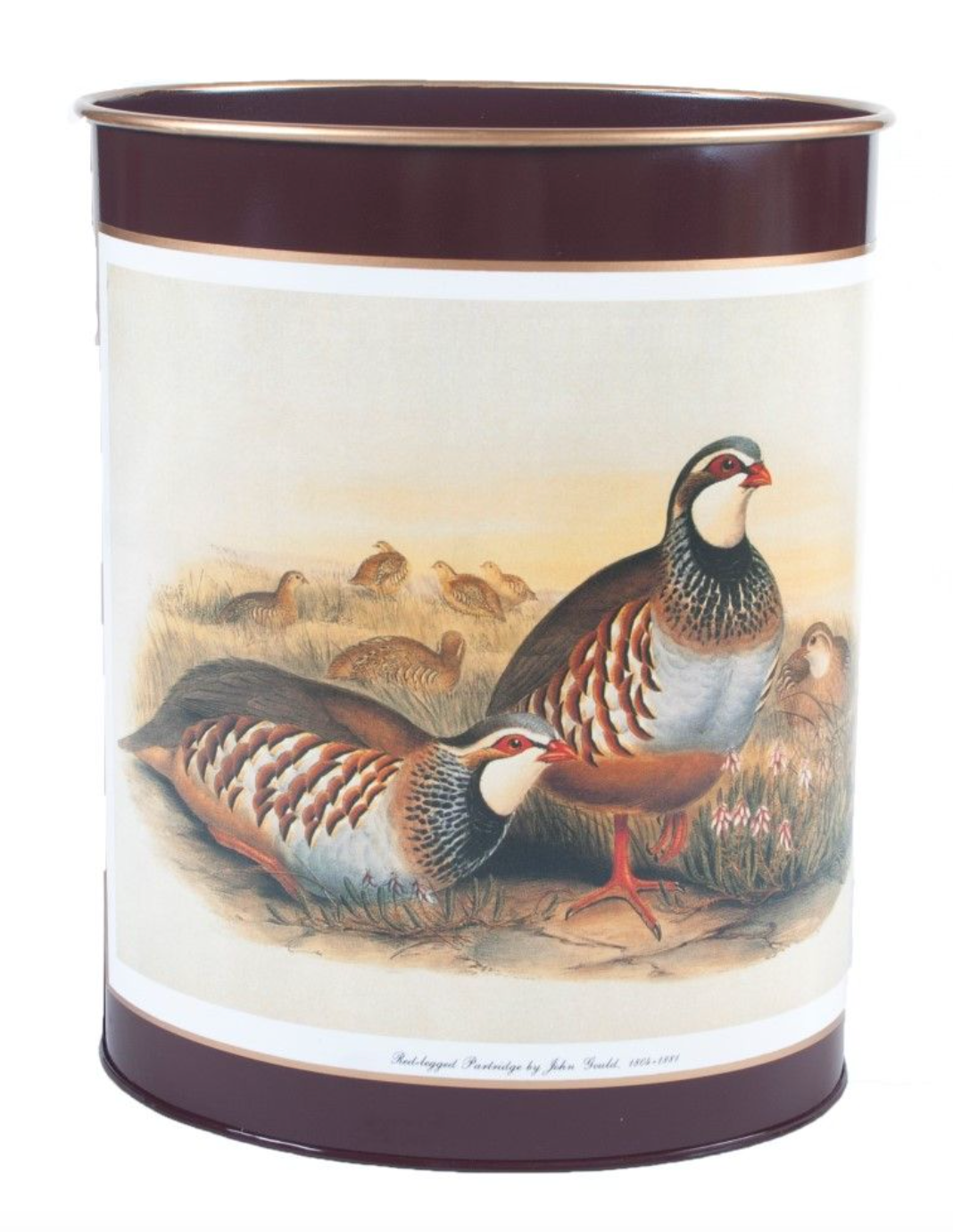 Oval Waste Paper Bin: Partridges on Dark Red