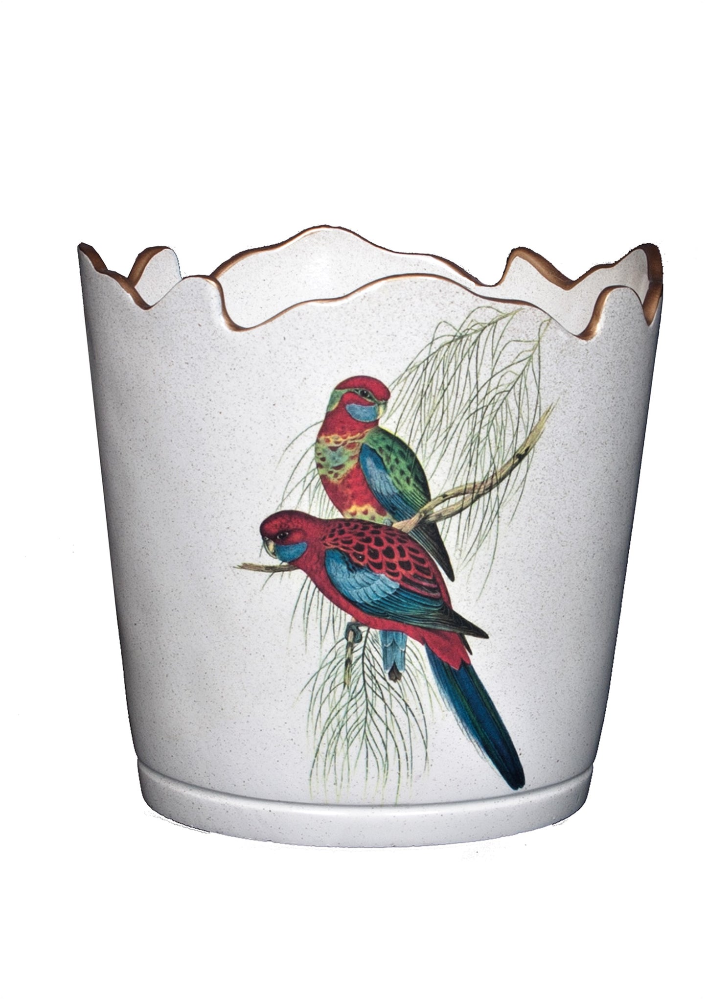 Scalloped Top Cachepot/Decorative Planter: Pair of Parrots