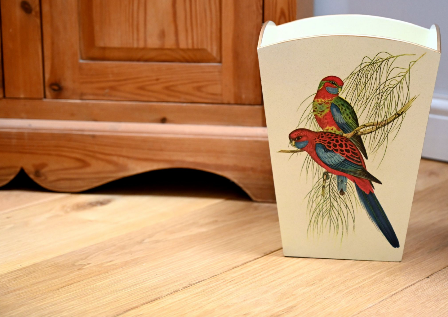 Square Wooden Waste Paper Bin: Pair of Parrots