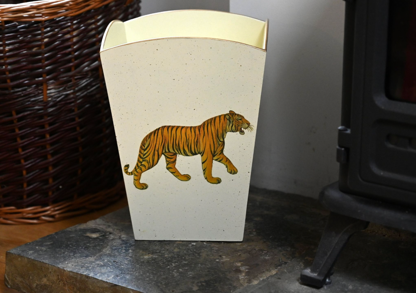 Square Wooden Waste Paper Bin: Tiger