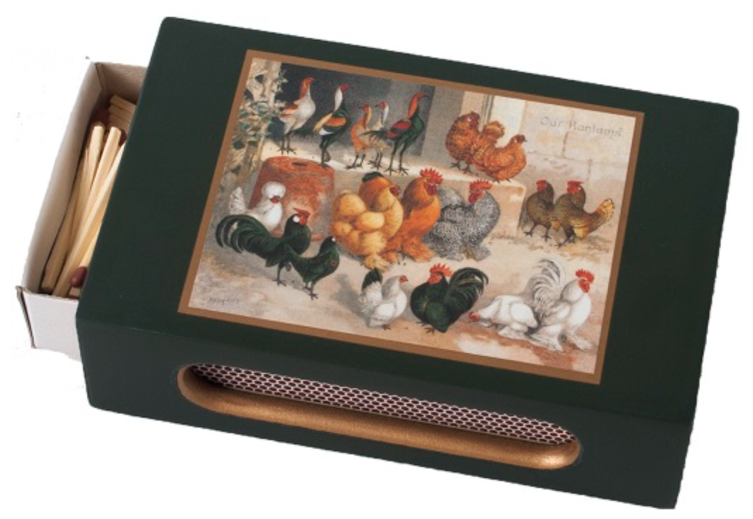 chickens on dark green matchbox with matches inside