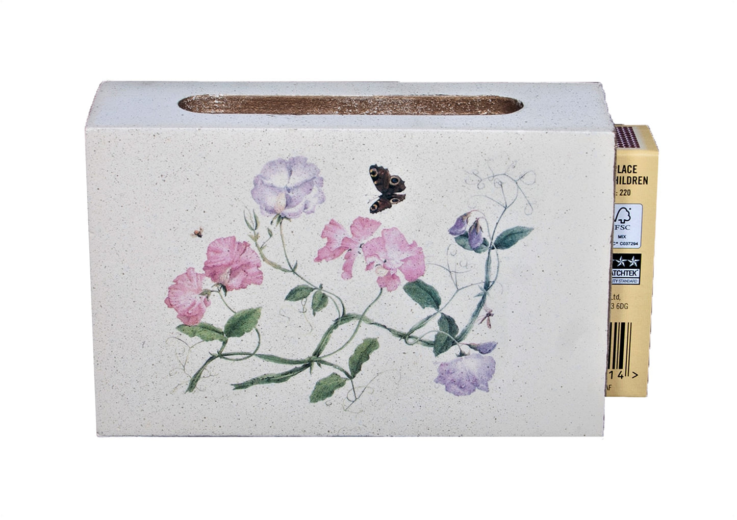 sweet pea matchbox cover with matches in side photo from back