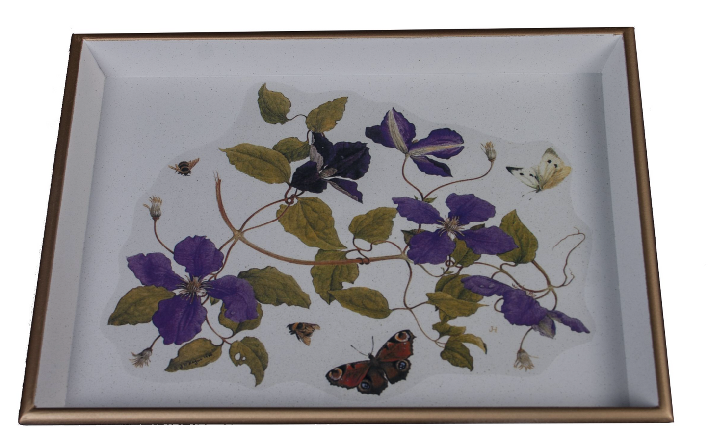 tray with clematis flower design and gold rim