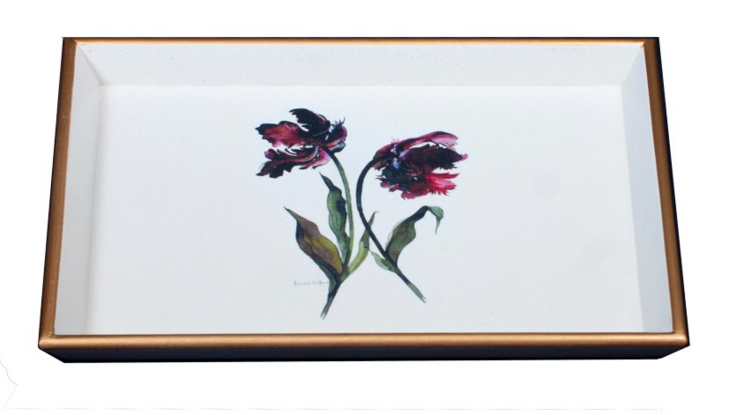 A wooden lacquered tray with a gilded gold rim and baize base, featuring a black and purple parrot tulip design.