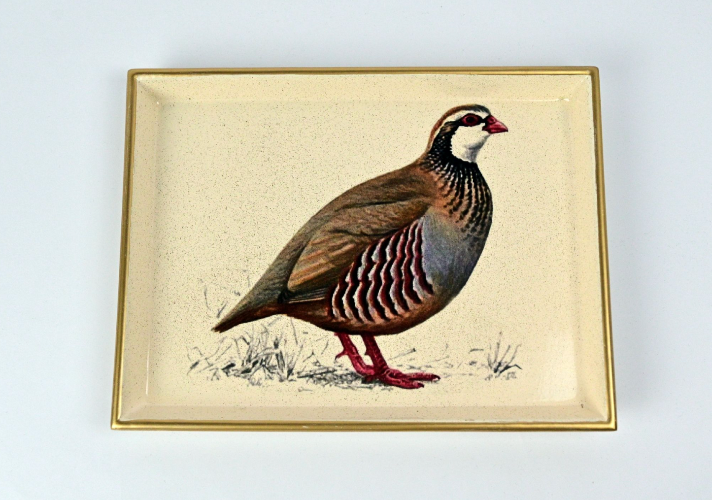 wooden lacquered tray with partridge design and gold rim