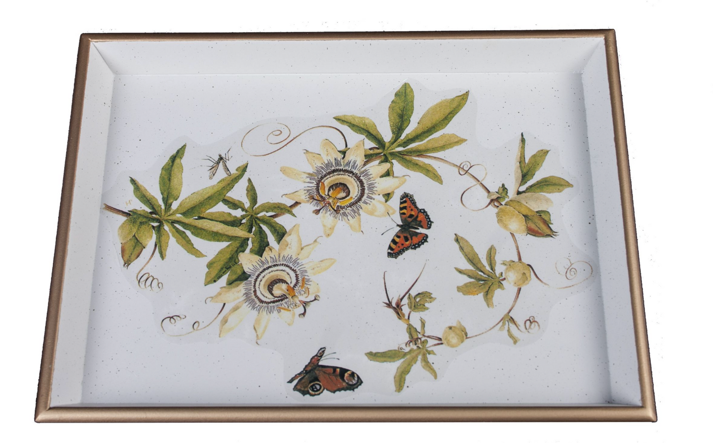 A decorative tray featuring a floral design with passion flowers and butterflies, framed with a gold rim.