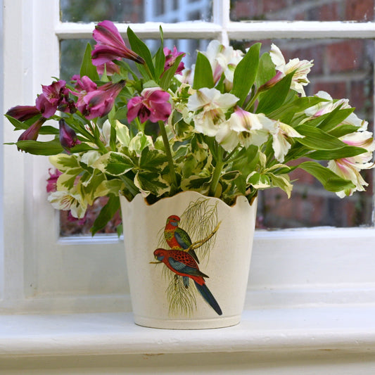 Scalloped Top Cachepot/Decorative Planter: Pair of Parrots