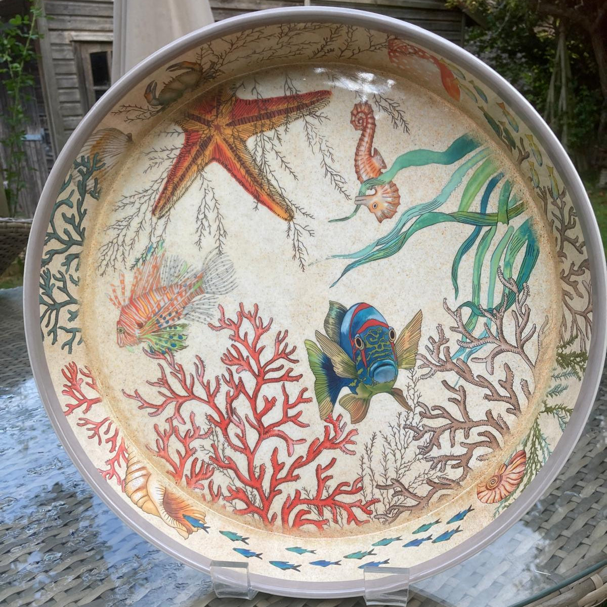 melamine tray sealife design displayed on stand outside