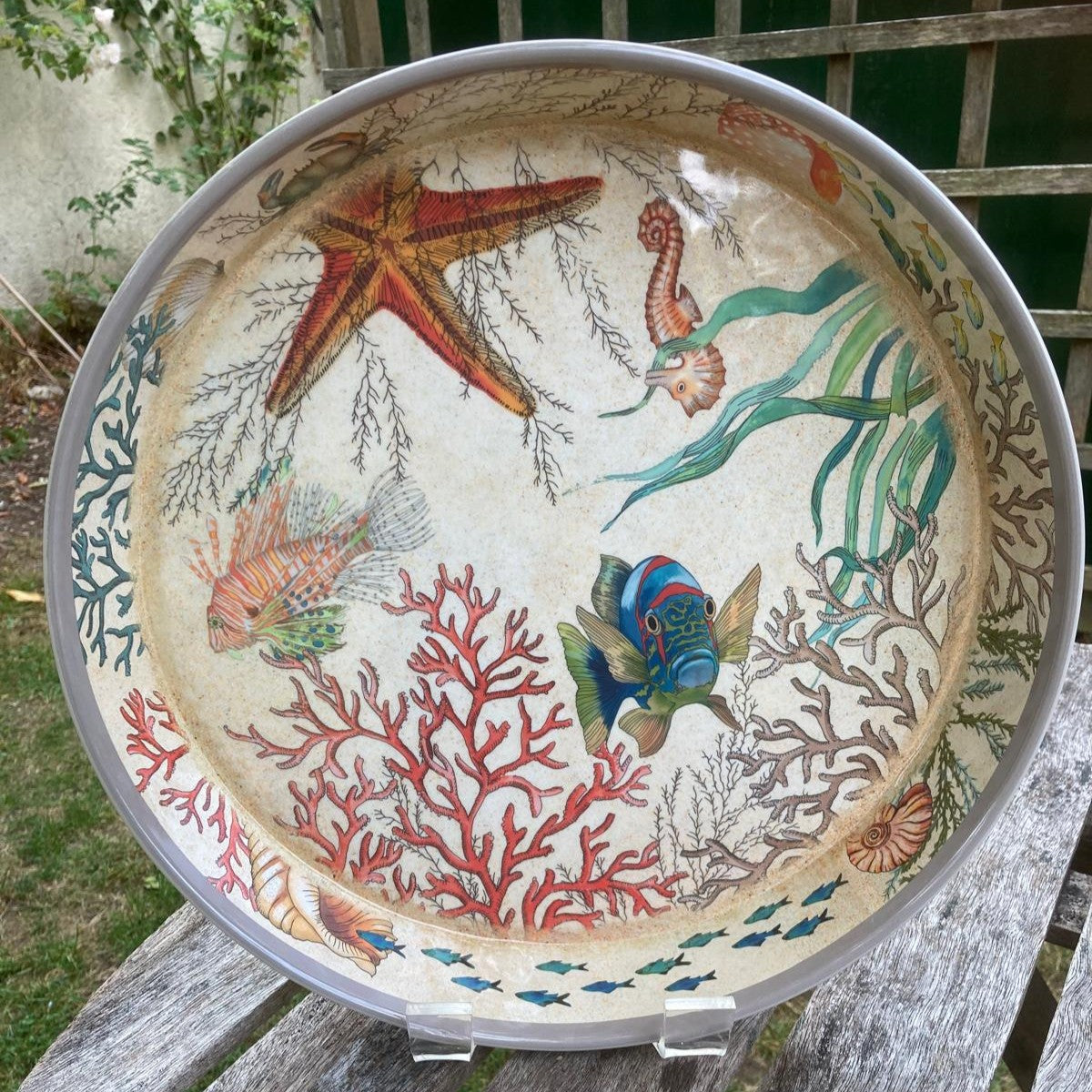 melamine tray in sealife design displayed upright outside