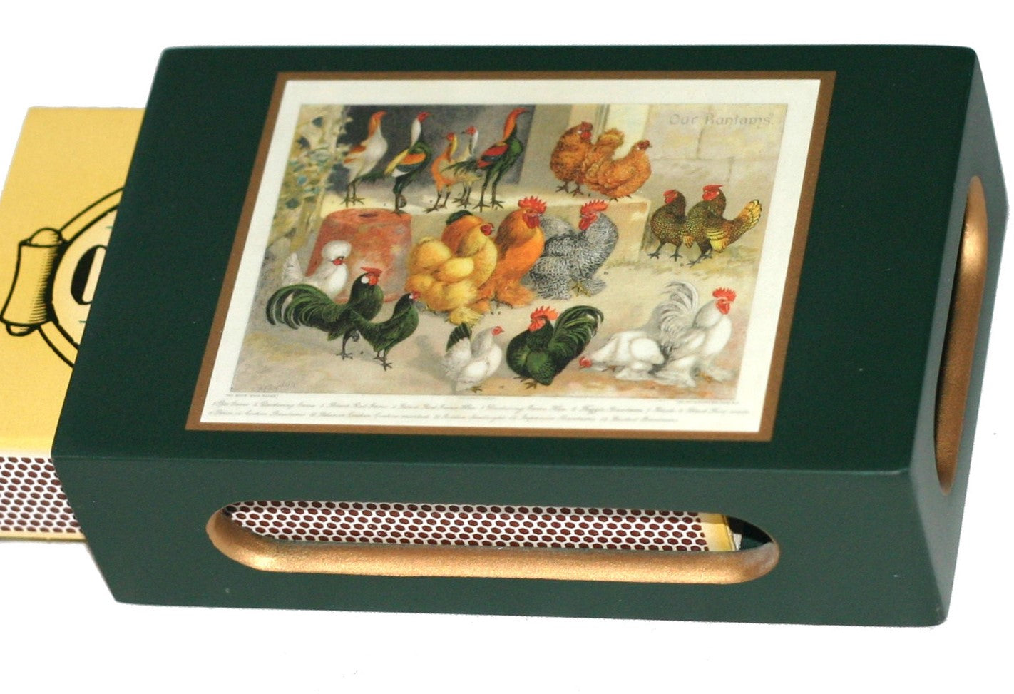 Standard Wooden Matchbox Cover with Matches: Chickens on Dark Green