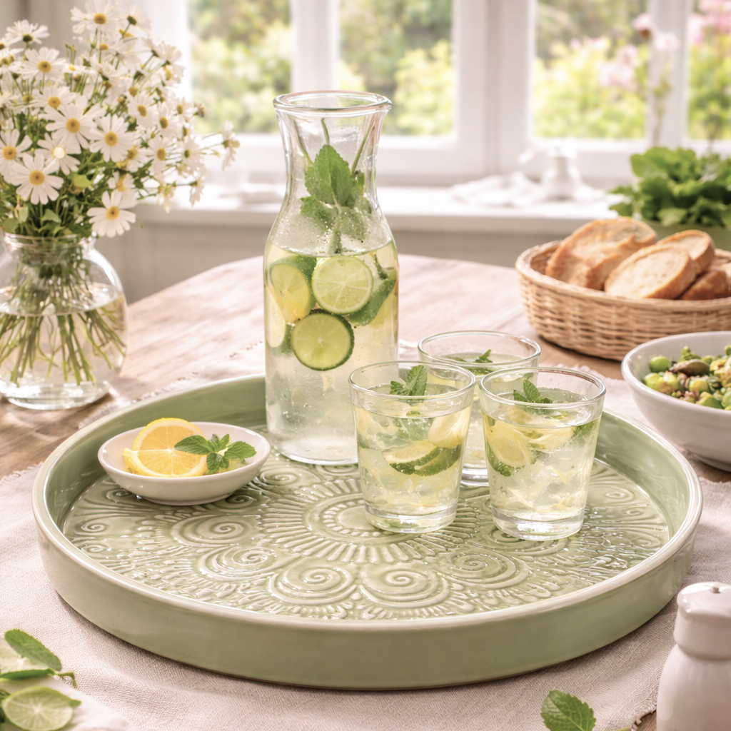 Table setting with lemon water, bread, and flowers in a bright room.