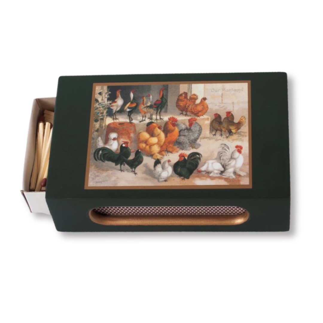 Standard Wooden Matchbox Cover with Matches: Chickens on Dark Green