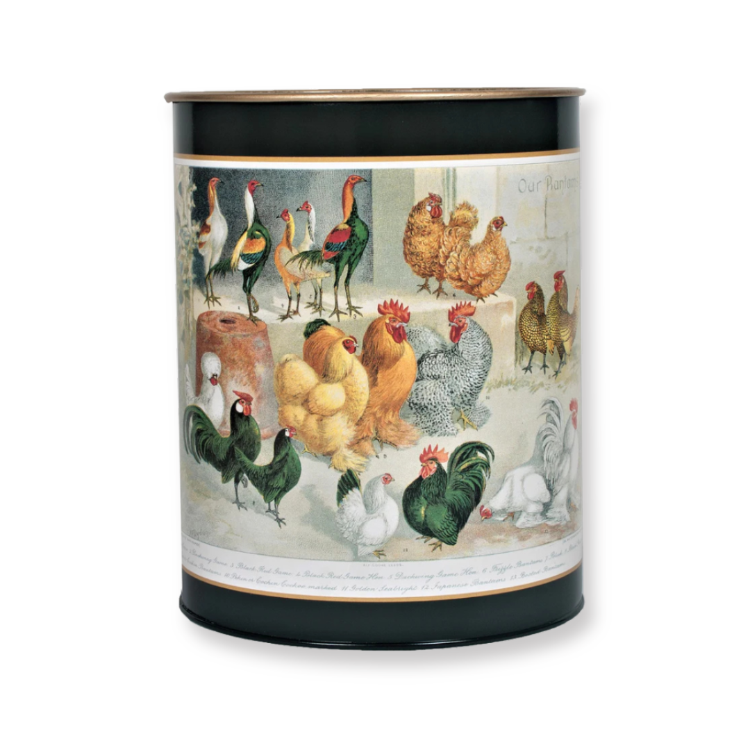 Oval Waste Paper Bin: Chickens on Dark Green