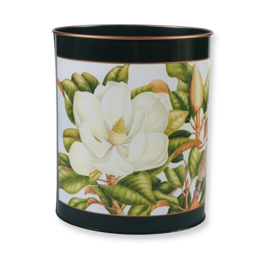 Oval Waste Paper Bin: Magnolia on Dark Green