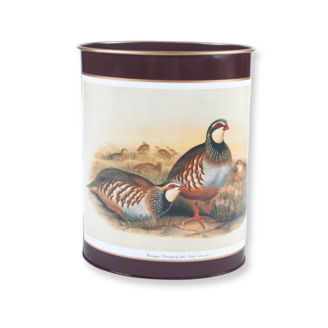 Oval Waste Paper Bin: Partridges on Dark Red