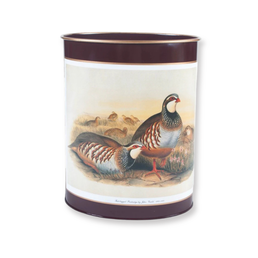 Oval Waste Paper Bin: Partridges on Dark Red