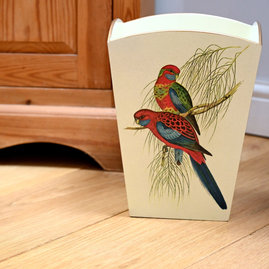 Square Wooden Waste Paper Bin: Pair of Parrots