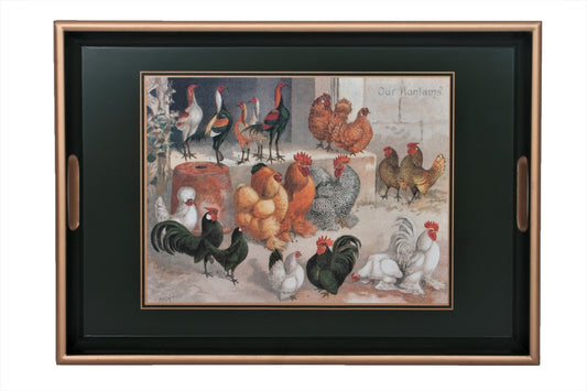 Rectangular Wooden Tray, Chickens on Dark Green
