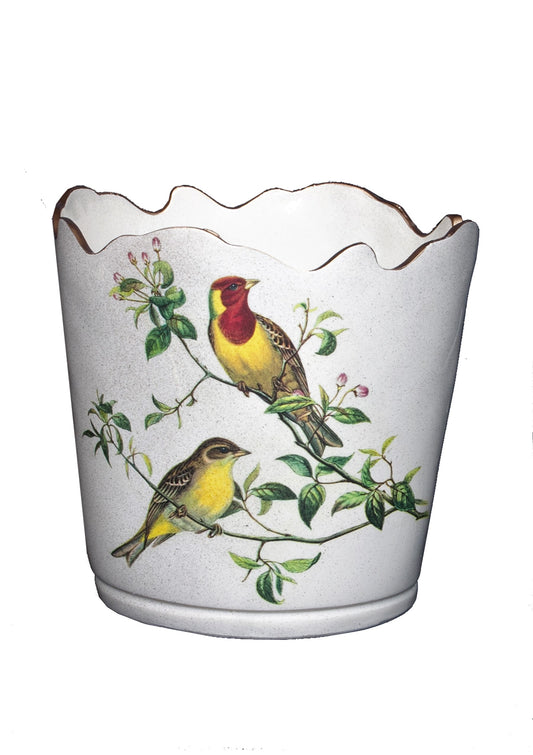 Scalloped Top Cachepot/Decorative Planter: Oriental Songbirds