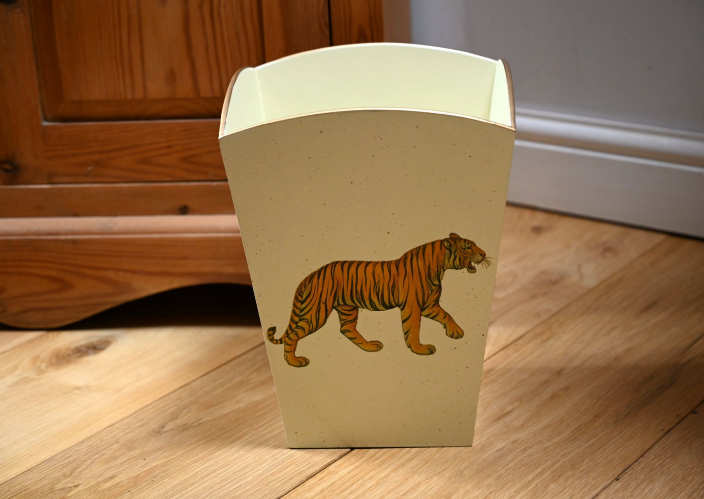 Square Wooden Waste Paper Bin: Tiger