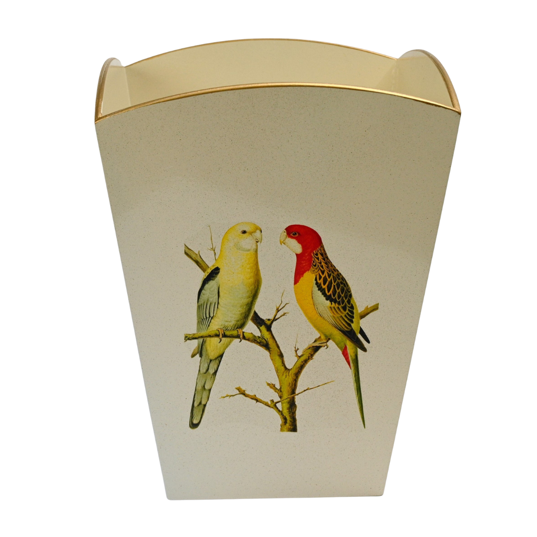 Square Wooden Waste Paper Bin:  Parakeets